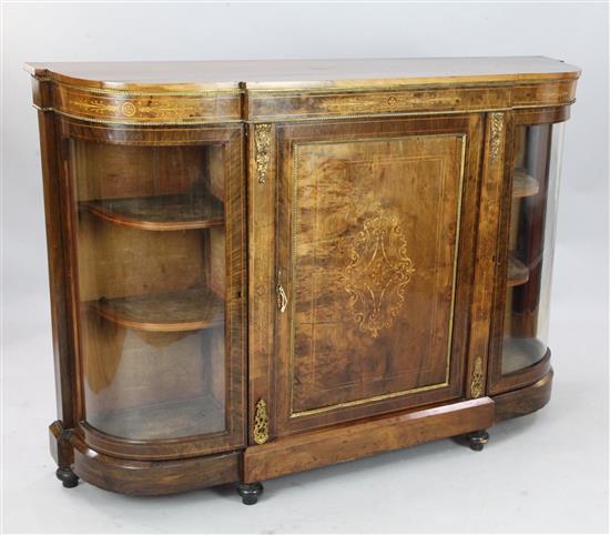 A Victorian brass mounted and inlaid walnut credenza, W. 5ft. D. 1ft 4in. H. 3ft 6in.